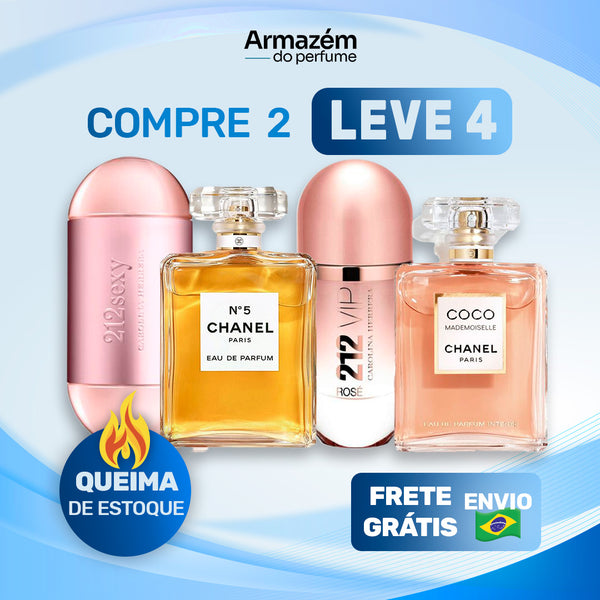 4 Perfumes Femininos TESTER (100ml) - Mademoiselle | 212 VIP Rose | CHANEL N5 | 212 VIP Sexy (5 Anos Armazém do Perfume)