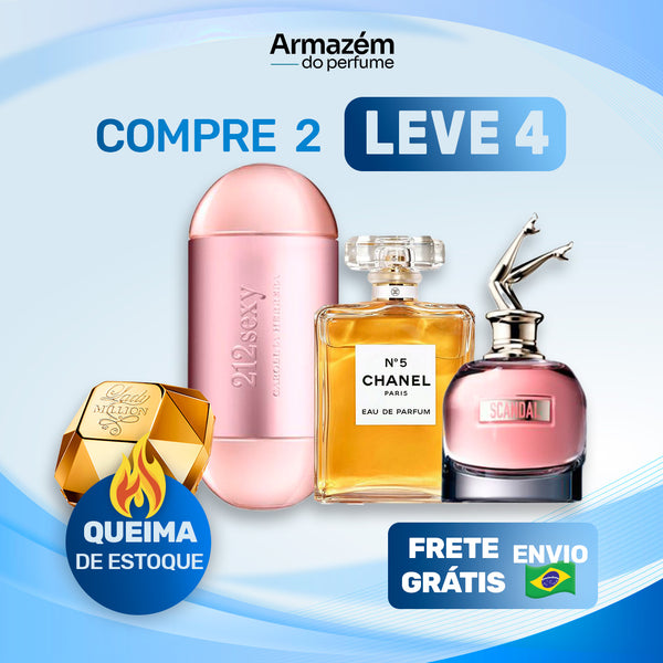 4 Perfumes Femininos (100ml) - Chanel 5 | Scandal | 212 VIP Sexy | Lady Milion (5 Anos Armazém do Perfume)