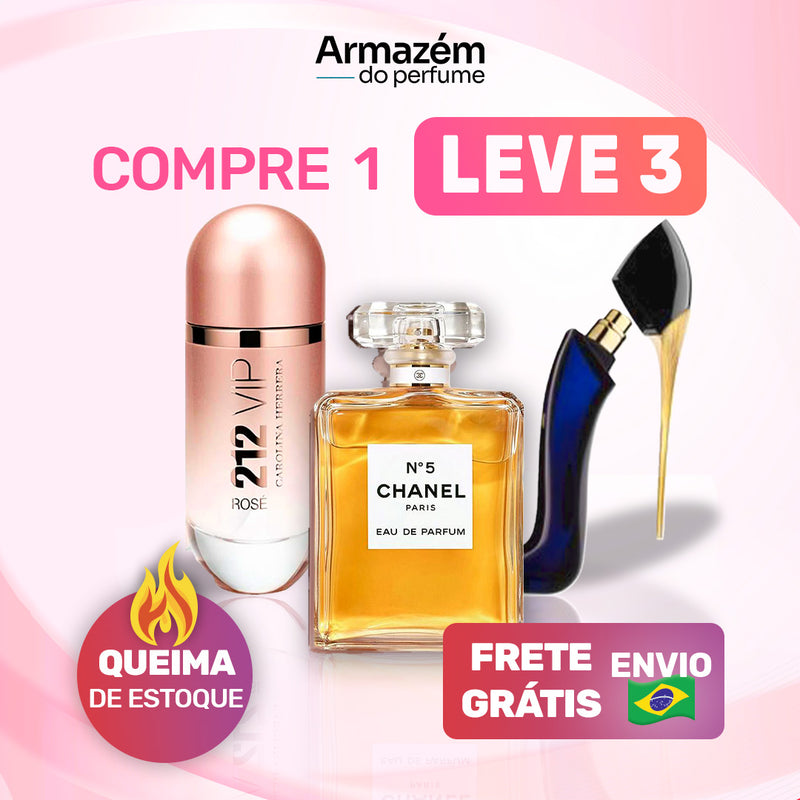 Combo 3 Perfumes Femininos Importados (100ml) - 212 VIP Rosé | Chanel Nº 5 | Good Girl | (5 Anos Armazém do Perfume)