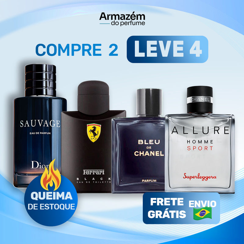 4 Perfumes Masculinos  (100ml) - Chanel Allure | Sauvage | Bleu de Chanel | Ferrari Black (5 Anos Armazém do Perfume)