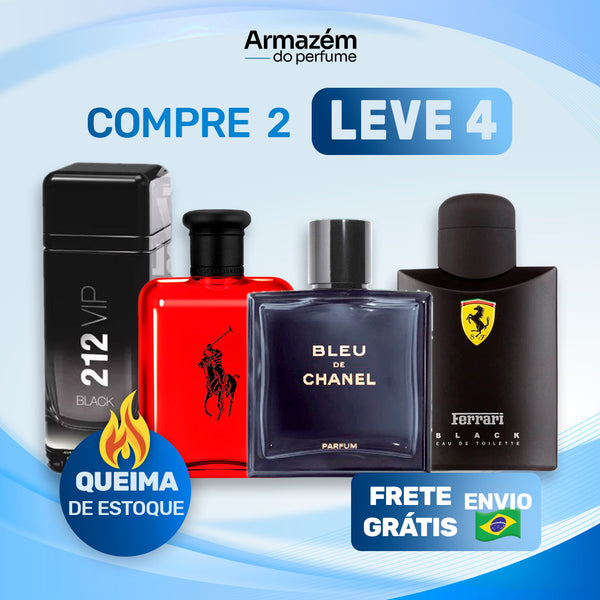 4 Perfumes Masculinos (100ml) - Ferrari Black | Polo RED | BLEU DE CHANEL | 212 VIP MEN (5 Anos Armazém do Perfume)