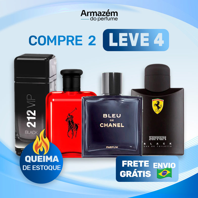 4 Perfumes Masculinos (100ml) - Ferrari Black | Polo RED | BLEU DE CHANEL | 212 VIP MEN (5 Anos Armazém do Perfume)